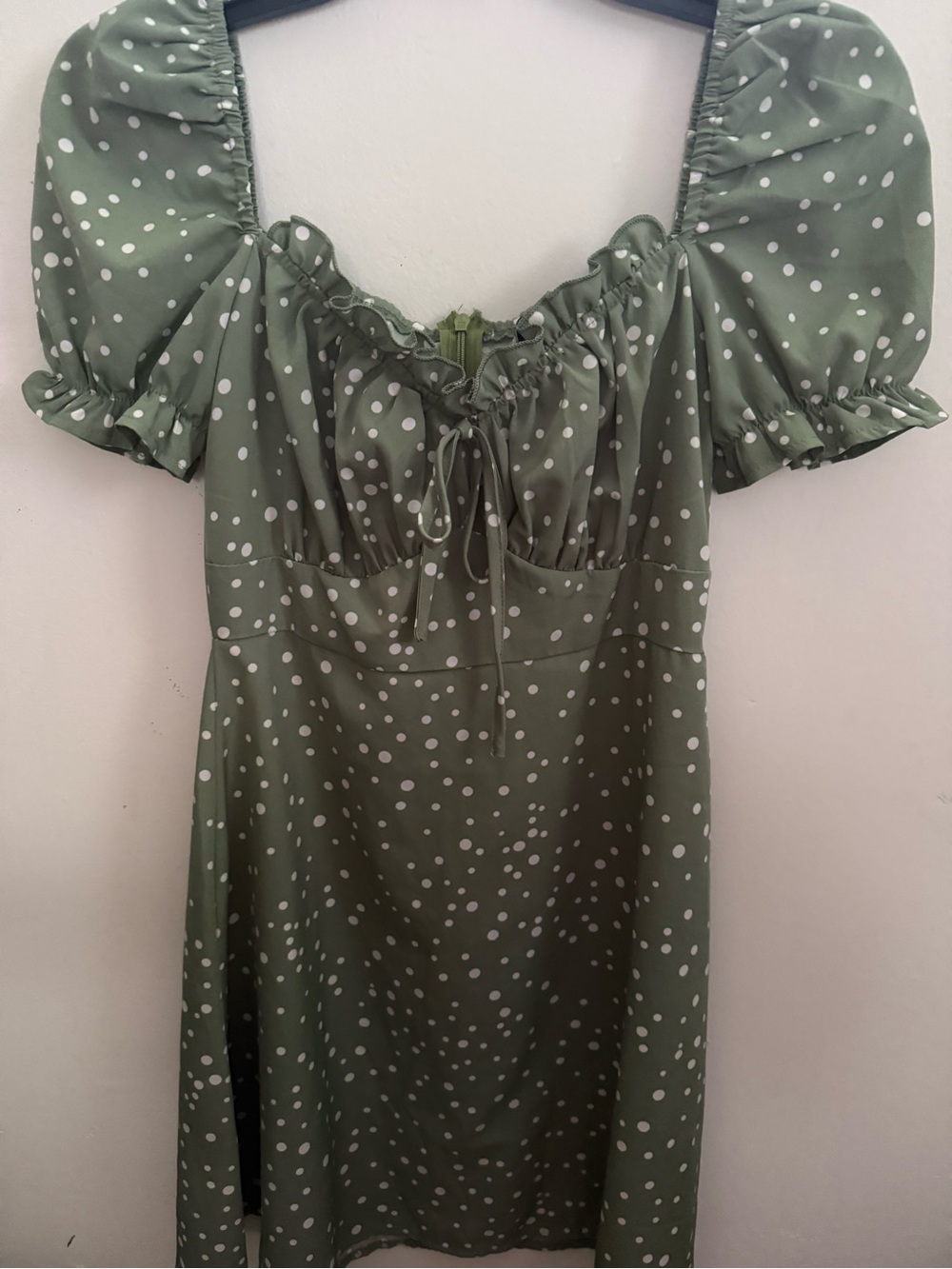 SHEIN Olive Green Polka Dot Puff Sleeve Dress